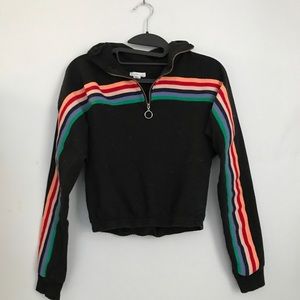 black sweatshirt with rainbow stripes